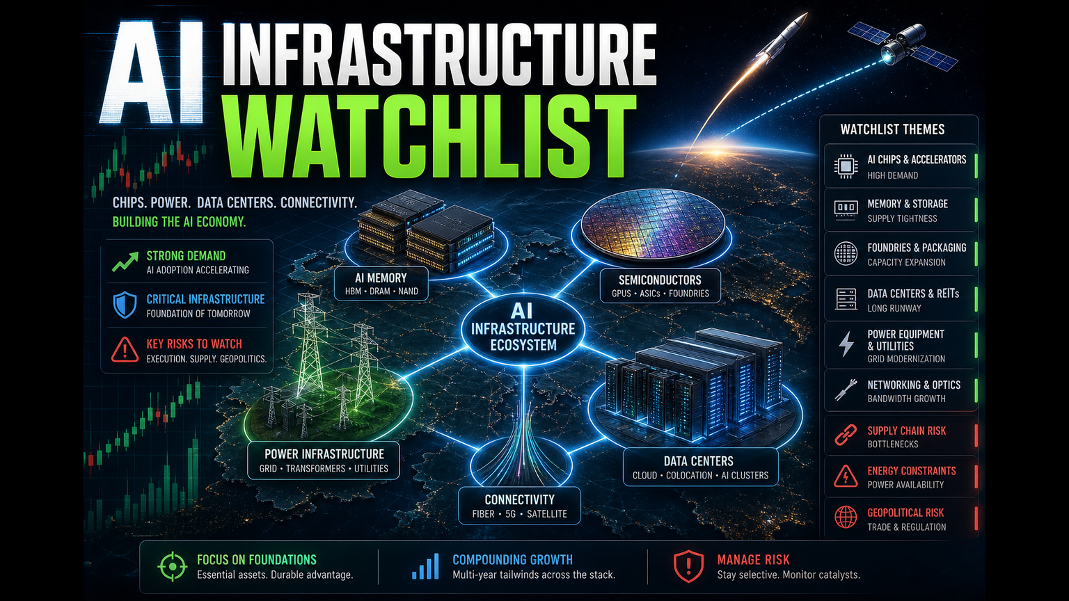 A dark market map connecting AI memory, semiconductors, data centers, and space infrastructure.