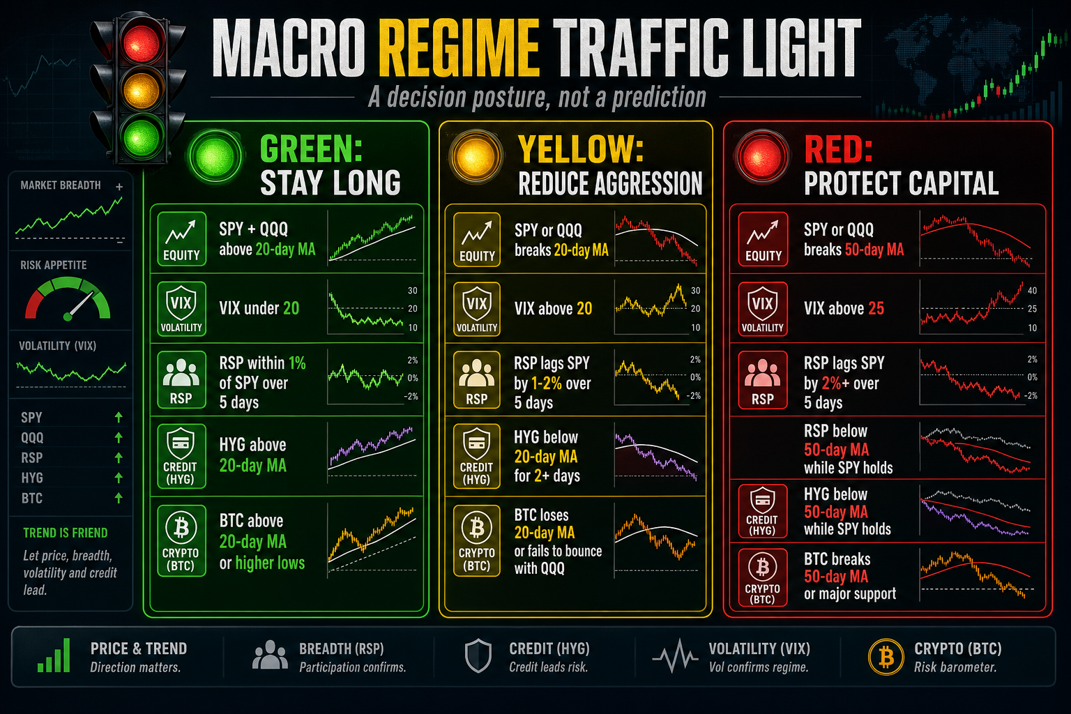 Cheatsheet del semaforo de regimen macro con reglas verdes para mantener largos, amarillas para reducir agresividad y rojas para proteger capital.